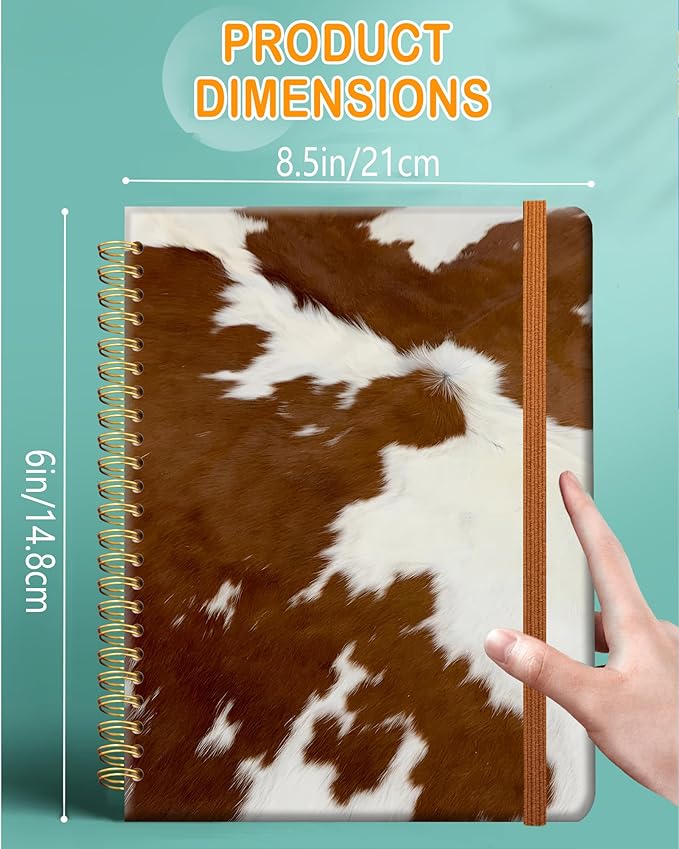 Ruled Spiral Writing Notebook,A5 Hardcover Lined College Journal for Women,Strong Twin-Wire Binding with Premium Paper,8.4" X 6",Perfect for School,Office,Home(Western Fur Cow)