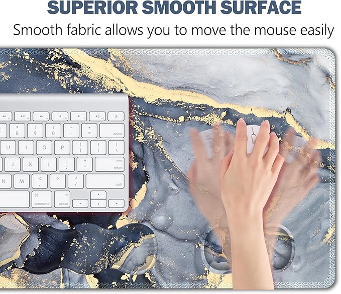 Extended Gaming Mouse Pad, Keyboard Wrist Rest Pad, Wrist Support Mousepad Set, Artso Large Stable Rubber Base Stitched Edges, Multifunctional Desk Pad (35 x15.5 in) for Work, Game, Navy Blue Marble