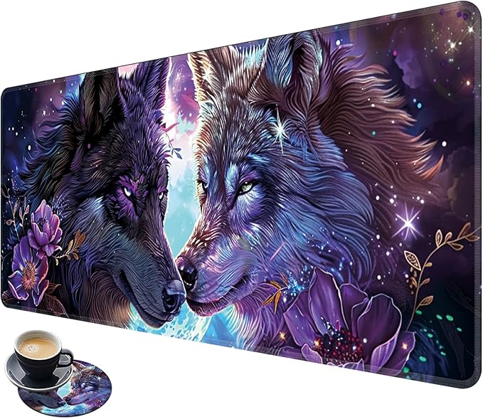 Desk Mat Large Gaming Mouse Pad (31.5x11.8 inch) with Stitched Edges, XL Mouse Pad +Coaster, Extended Mouse Mat Keybroad Mousepad Non-Slip Rubber for Gamer Men Women, Purple Magic Wolfs