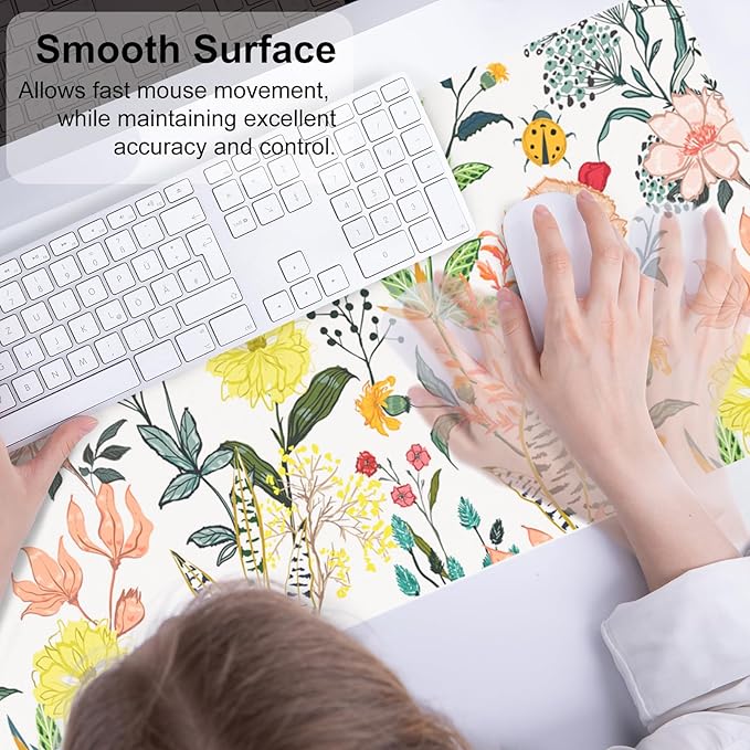 QIYI Floral Large Mouse Pad, Colorful Desk Mat for Desktop, Women Girls Desk Accessories Office Décor, PU Leather Waterproof Big Gaming Mousepad, Blooming Flowers Desk Pad Computer Mat, 31.5" x 11.8"