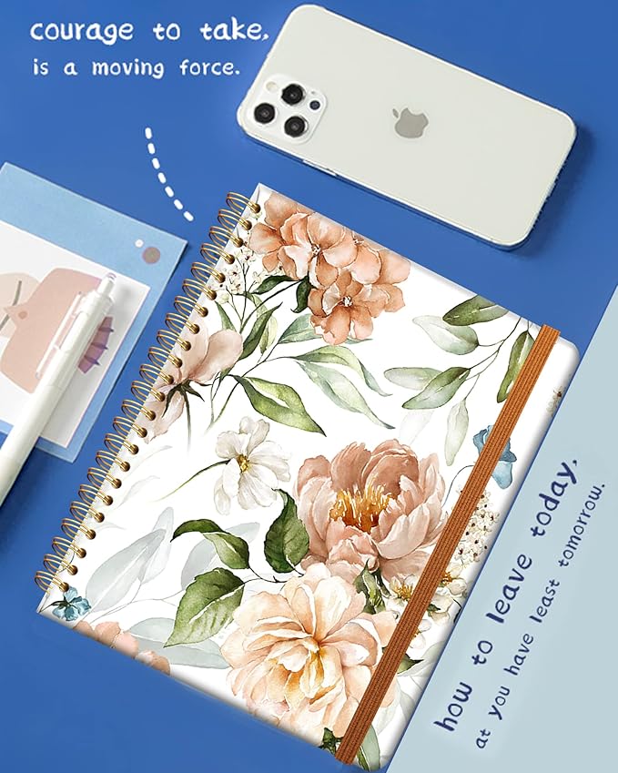 Ruled Spiral Writing Notebook,A5 Hardcover Lined College Journal for Women Lady Girl,Watercolor Floral Strong Twin-Wire Binding with Premium Paper,8.4" X 6",Perfect for School,Office,Home Gifts(Pink