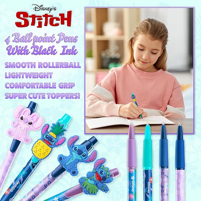 Disney Pens, 4 Cute Pens with Adorable Stitch Toppers, Pretty Pens for Journaling, Drawing, or School Work, Cute Pens for Women & Kids, Stitch School Supplies, Black Ink Ballpoint Pen Set