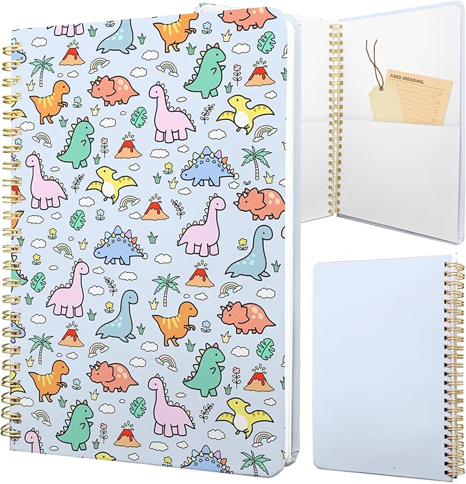 Cute Spiral Notebook journal A5 Aesthetic Pretty Floral Design for Women Girls Kawaii with Pocket, 8.5 x 5.7 inch, Blue Dinosaur