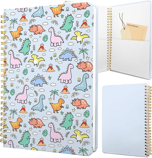 Cute Spiral Notebook journal A5 Aesthetic Pretty Floral Design for Women Girls Kawaii with Pocket, 8.5 x 5.7 inch, Blue Dinosaur