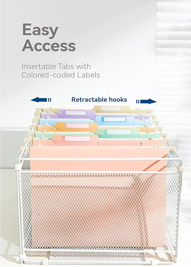 Plastic Hanging File Folders, 2'' Fixed Width, No Support Insert Needed, Heavy Duty File Folders for Filing Cabinet, Insertable Tabs, Letter Size, Pastel Colors - 12 Pack