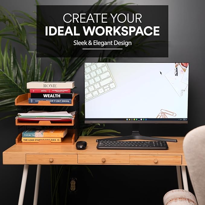 Wood Inbox Tray - Sturdy 3 Tier Letter Tray Desk Organizer, 1/3" Thick Wooden Shelves Paper Tray With Metal Frame (Assembled, Golden)