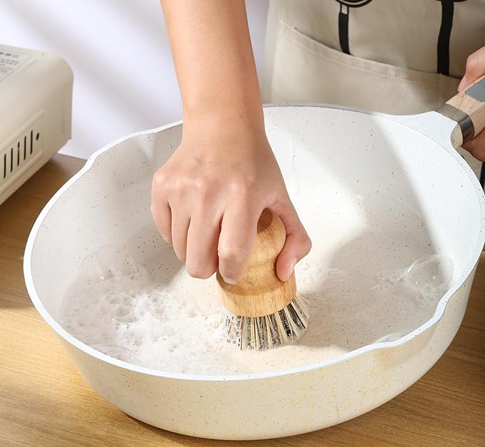 Bamboo Palm Pot Brush.Kitchen Mini Round Dish Brush,Natural Scrub Brush Cleaning Kit for Skillet,Washing Dishes,Vegetables,Pots, Pans. (1x Hard Bristle+1x Sisal with Ceramics Base,Draining Rack)