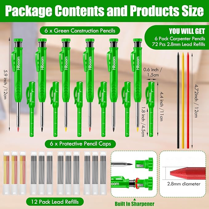 Hiboom 6 Pack Solid Carpenter Pencils Mechanical Construction Pencils with 72 Pcs 2.8 mm Lead Refills Pencil Cap Built In Sharpener Woodworking Marking Tools for Architect Long Nosed Deep Hole Scribe