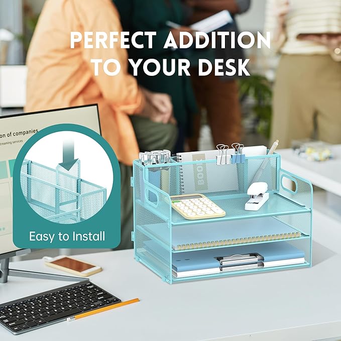 SUPEASY 3 Tier Desk Organizer with Handle & 3 Pen Holders, Mesh Paper/File Organizer for Desk, Paper Letter Tray Organizer for Office Supplies (Light Blue)