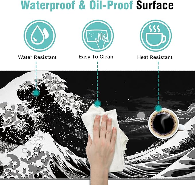Japanese Sea Wave Gaming Mouse Pad, 31.5×11.8in Japanese Kanagawa Black Mousepad Desk Mat, High-Performance Smooth Precision Fabric Mousepad for Fluid Control, Stable Non-Slip Rubber Base Mouse Pad