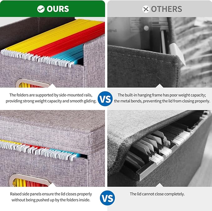 4 Pack Hanging File Folders Organizer with Lid, Letter Size Fabric File Storage Box Collapsible, Portable Office Document Holder with Metal Handle, Smooth PVC Rails, Gray