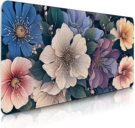 BlueFloral Gaming Mouse Pad, Extra Large Computer Keyboard Mousepad, Flower Mouse Mat Big with Non-Slip Base Stitched Edge, Birthday Gift for Women Men, Long Desk Mat for Home Office 15.7”x 35.4” XXL