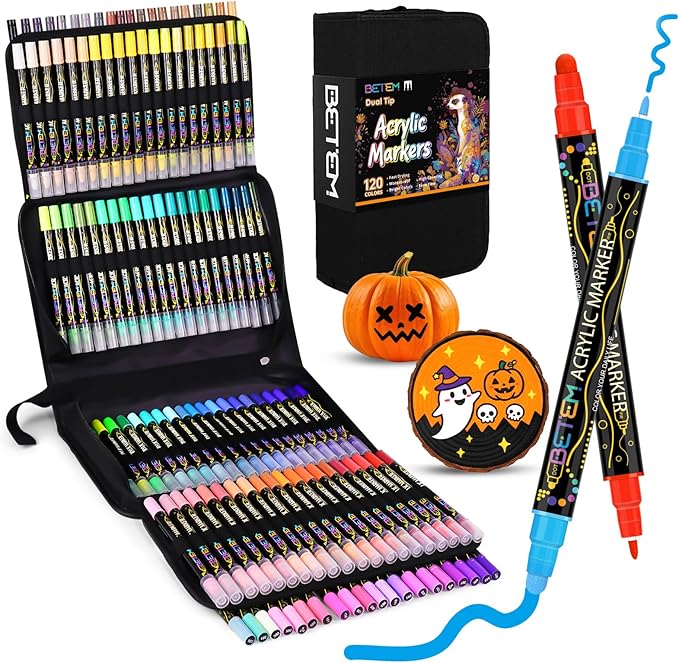 Betem Acrylic Paint Markers Pens, Dual Tip 120 Colors Premium Paint Pens Acrylic Markers for Wood, Fabric, Canvas, Stone, Rock Painting, Glass, Ceramic Surface, DIY Crafts Making Art Supplies with Bag