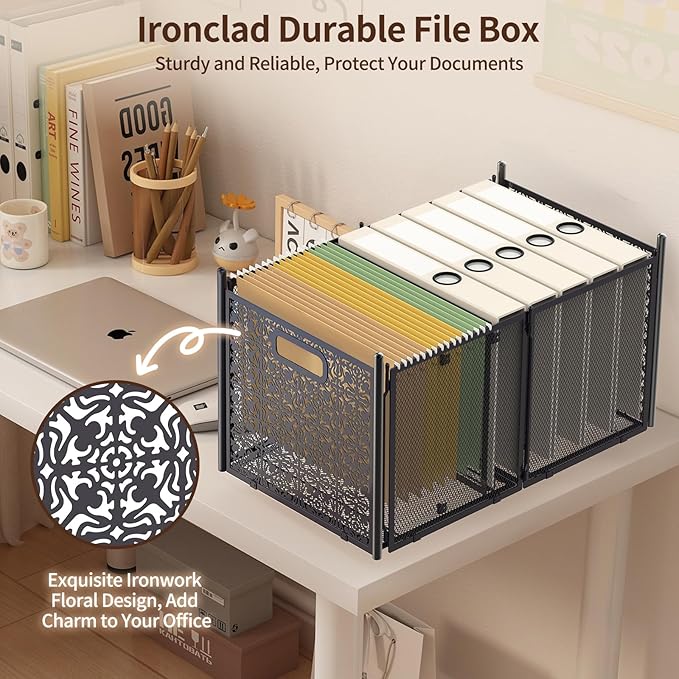 File Organizer Box, Large File Box for Hanging Letter/Legal Size File, File Folder Storage Box with Wheels, Decorative File Box for Office/Decor/Home, Metal (2 Pack)