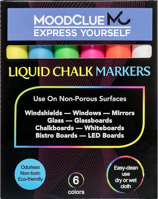 Liquid chalk markers washable, erasable, dry or wet erase. 6 neon markers for whiteboards, glass boards, mirrors, chalkboards, windows, car windshields, glass. Non-toxic, reverse tip pens