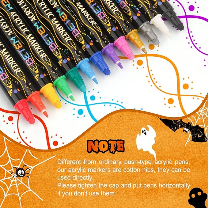 Betem 24 Colors Dual Tip Acrylic Paint Pens Markers, Premium Acrylic Paint Pens for Halloween Decorations, Wood, Canvas, Stone, Rock Painting, Glass, Ceramic Surfaces, Pumpkin Painting Kit DIY Crafts