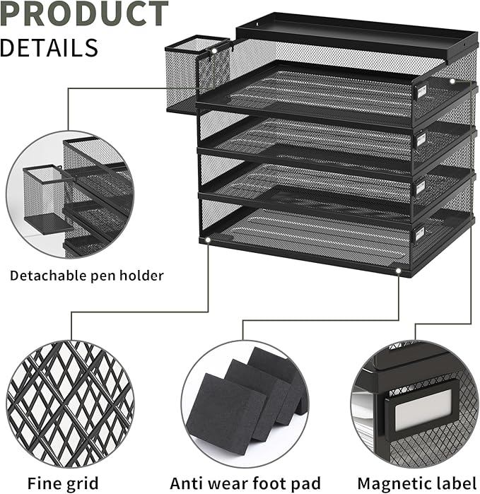 Metal Stackable Letter Trays, 4-Tier Desk Organizer & Paper Trays for Office, Stackable File & Document Tray with Magnetic Labels,Black