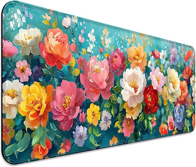 Colorful Flower Peony Gaming Desk Mat, Computer Keyboard Large Extended Long Floral Mouse Pad for Office and Home, XL (W28)