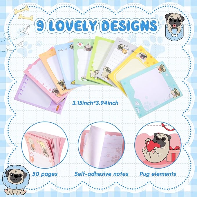 Sabary 9 Pads Cute Sticky Notes Animal Sticky Note Pads 3.15 x 3.94 Inches Colored Adhesive Memo Reminder Decor for Journal School Office Gifts(Pug)