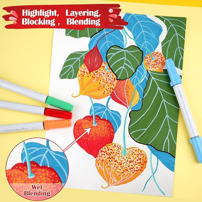 SFAIH Halloween Gifts Acrylic Paint Markers, 48 Colors Dual Tips Acrylic Brush Markers With Chisel Tip, Automatic Ink Control, Ultra-High Coverage, No Bleed Ink, Art Supplies for Rock, Canvas, Fabric