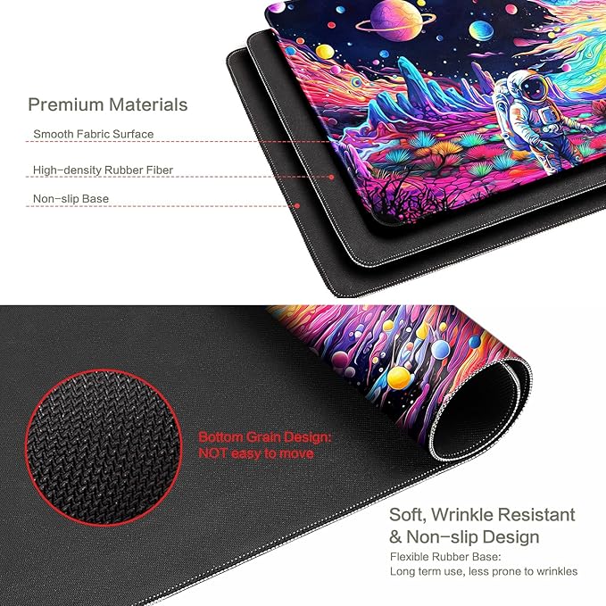 Cyberpunk Astronaut Mouse Pad Desk Mat Fantasy Planet Space Large Gaming Mouse Pad Anime Desk Pad Mousepad XXL Extended Keyboard Mat Futuristic Cosmic Adventure Mouse Mat, Waterproof, 31.5 x 15.7 in