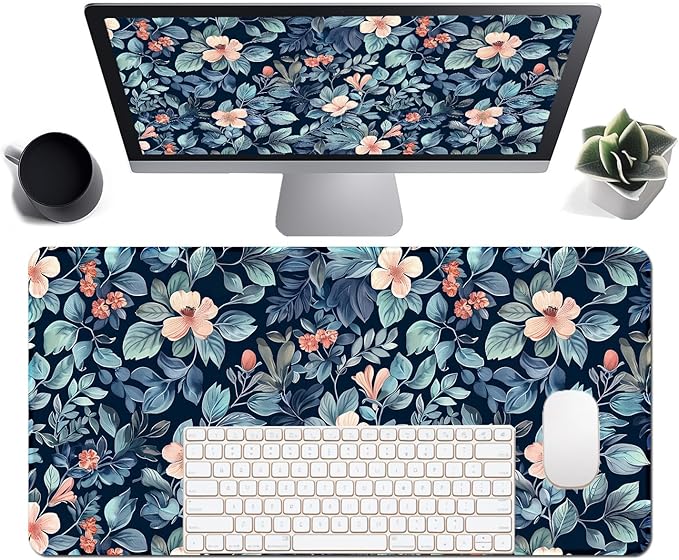 Floral Large Desk Mat 31.5 x 15.7 inch, Waterproof Extended Gaming Mousepad XXL, Aesthetic Flowers Desktop Mat, Non-Slip Keyboard and Laptop Pad, Computer Writing Mat for Home Office Accessories