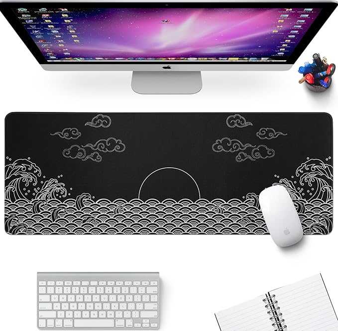 Japanese Sea Wave Gaming Mouse Pad Black Large Anime Mousepad Extended Mouse Mat 31.5''x11.8'' 3mm Thick Non-Slip Rubber Base Big Desk Pad for Office