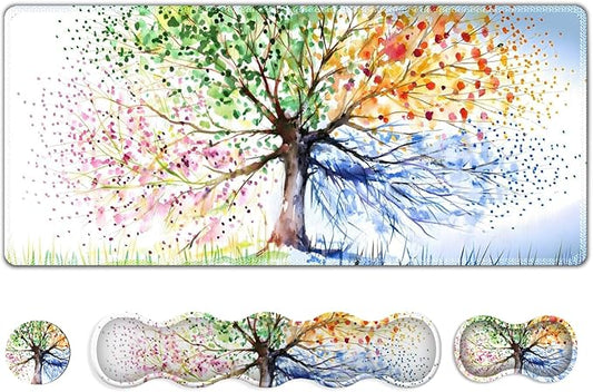 Desk Mat Gaming Mouse Pad, Cute Desk Matt Keyboard Wrist Rest for Desktop, Anti-Slip Big Mousepad Stitched Edges, XXL Large Mouse Pad with Wrist Support for Home Office Computer I Tree of Life