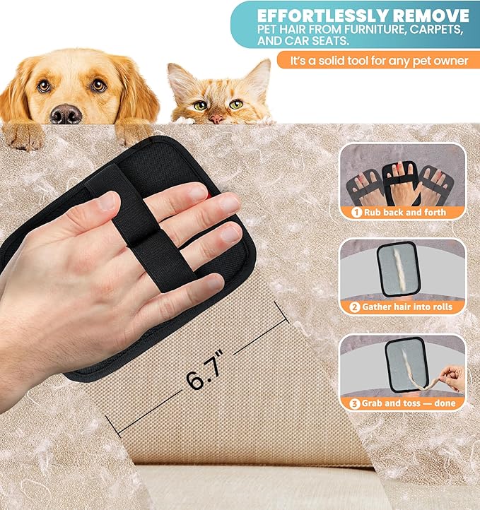IPTPAS Pet Hair Removal Glove for Cats & Dogs, Electrostatic Fur & Lint Remover for Clothes, Couches, Carpets & Car Seats, Reusable Fur Removal Tool, Upgraded Non‑Slip Pet Hair Remover, 2-Pack