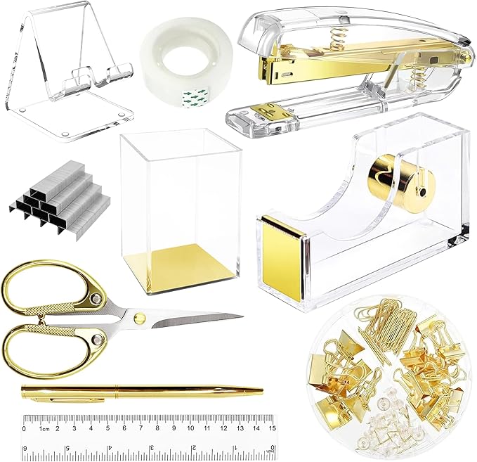 DRQ Gold Desk Accessories, Office Supplies Acrylic Stapler Set, 10Pcs Set for Office with Stapler, Tape Dispenser, Pens, Pen Holder, Phone Holder, Tape, Ruler, 1 Box Staple, Scissors and 1 Box of Clip