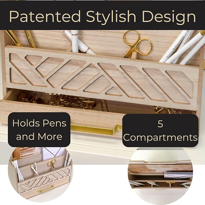 BLU MONACO Natural Mail Organizer with Drawer and Gold Handle – Desktop Mail Holder and Office Supplies Storage – Home Office Desk Accessories – Letter Sorter and Paper Organizer