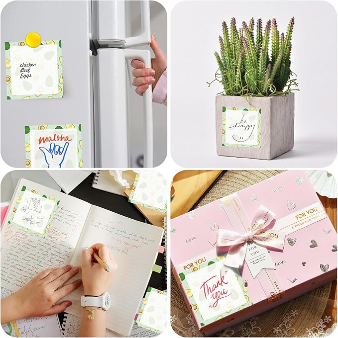 Sticky Notes, 2 Pads, 3x3 inches, Cute Colorful Fun Self-Stick Note Pads, Easy Post, Strong Adhesive Notepad Avocado Pattern Cute