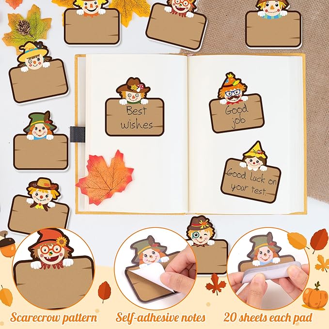 CJiangpo 60Pcs Fall Sticky Notes - Cute Scarecrow Sticky Note Pads, 1200 Sheets Self Stick Notepad Memo Pads Funny Page Marker Classroom Rewards Back to School Autumn Party Favors Filler Gift