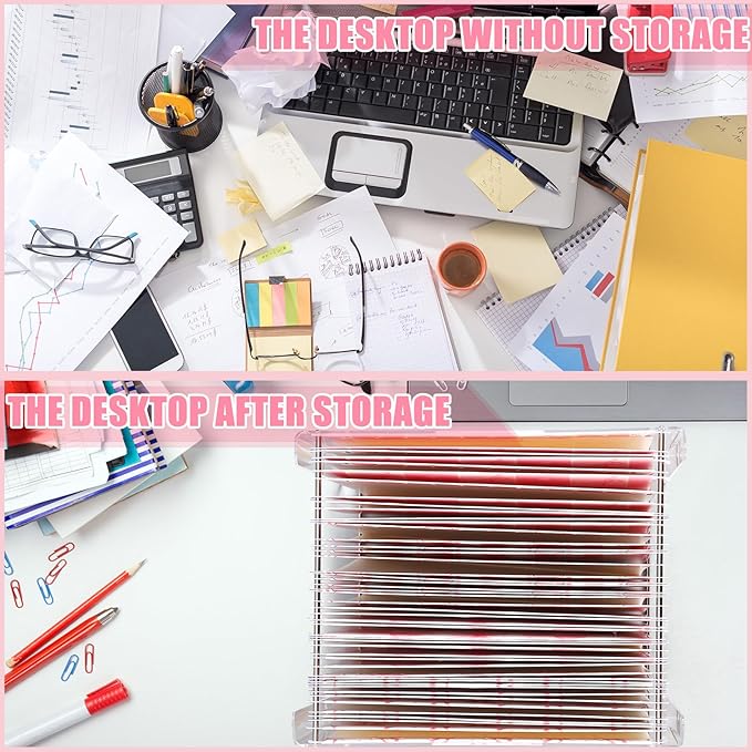 24 Hanging File Folder with Acrylic Organizer for Letter/a4 Size Desktop Clear File Storage Box with Handles for Home Work Office Use(Pink,Bow)