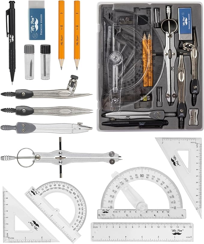 Mr. Pen Geometry Set with 6 Inch Swing Arm Protractor, Divider, Set Squares, Ruler, Compasses and Protractor, 15 Piece Set