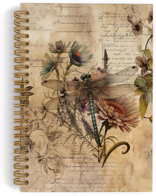 Vintage Dragonfly Spiral Notebook, Spring Dragon Fly Journal Notebook,Dragonfly Floral Notebooks for School Work, Dragonfly Gifts for Women, Dragonfly Office Supplies Gifts for Women Men,5.5x8.3