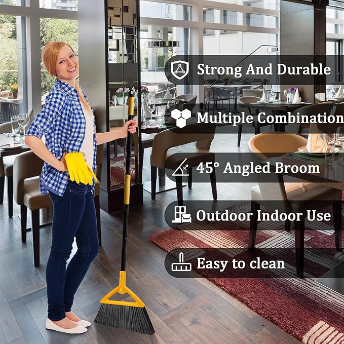 SZJYHQY Outdoor Indoor Broom, Brooms for Sweeeping Indoor, Heavy-Duty Kitchen Broom with Long Pole, Angle Broom for Garages Restaurant Courtyard Office Slidewalk Lobby Sweep Dust (BrightYellow, 3Pack)