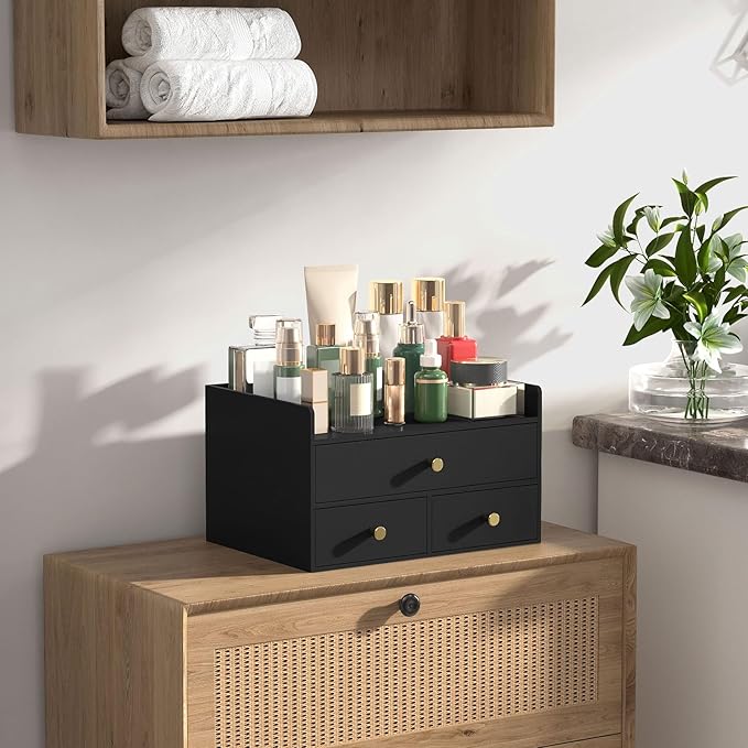 Bamboo Desk Organizer with Drawers Wooden Desktop Storage Organization Box for Bills Office Supplies Kitchen Utensils Organizing Tool for Home Classroom Vanity, No Assembly Required (3 Drawers, Black)