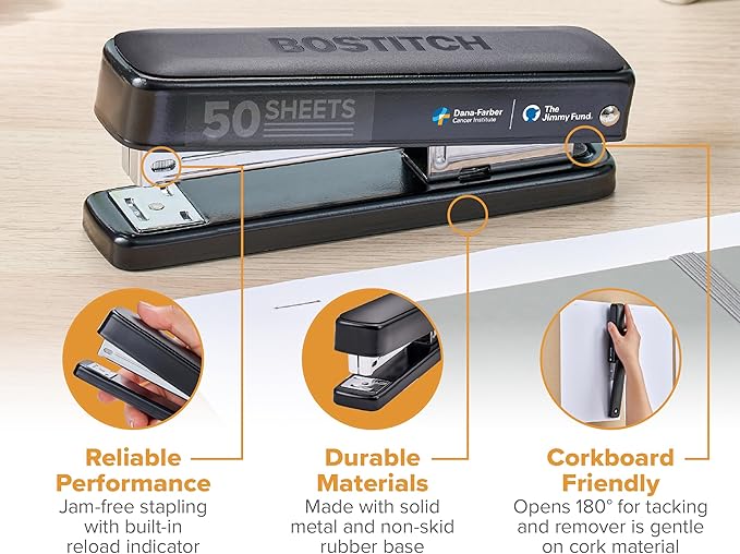 Bostitch Titan Heavy Duty Metal Stapler, 50 Sheet Capacity with 1250 Staples and Ergonomic Staple Remover, Jam Free Stapling, Full Strip Stapler for Desk, Office and Classroom, Black
