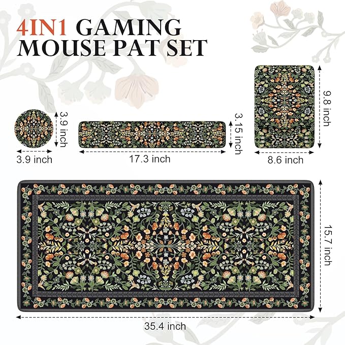 iCasso Mouse Pad with Wrist Rest,Large Desk Mat Set,Ergonomic Keyboard Pad with Wrist Support,Non-Slip Mouse Mat for Women,Cute Floral Computer Mat for Home Office Gaming (Black)