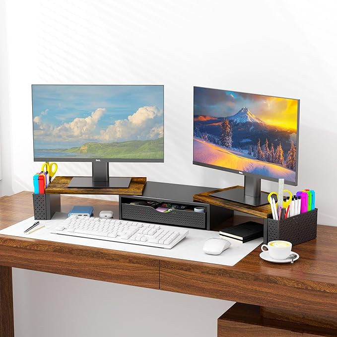 Spacrea Metal Desk Organizers and Accessories, Dual Monitor Stand Riser with Drawer and 2 Pen Holders, Desk Accessories & Workspace Desktop Organizers for Office Supplies (Wood)