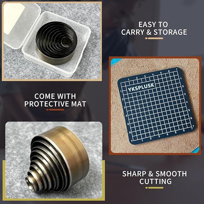 Leather Circle Cutter Tool Set, 9 Pieces Circle Punch Tools 15 20 25 30 35 40 45 50 55mm, High Carbon Steel Round Leather Cutting Dies - Leather Hole Punch Tool Kit for DIY Leather Crafts