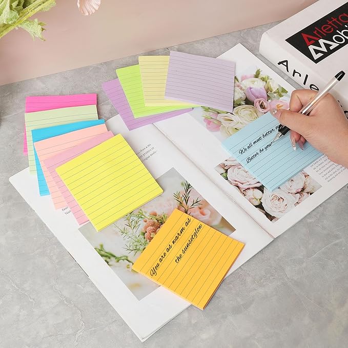 (12 Pack) Lined Sticky Notes 4x4 in, 12 Bright Colors Self Sticky Notes Pad Its Super Sticking Power Memo Pads, 4x4 Large Square Sticky Notes for Office,Home, School, Meeting