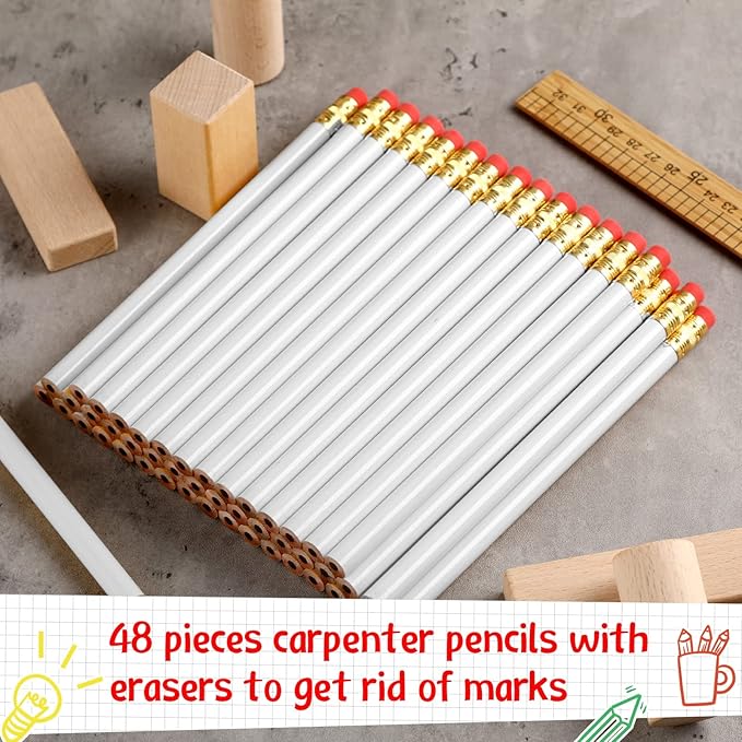 Fainne 48 Pcs Jumbo Pencil, Wooden Pencil with Black Core for Carpenters Construction Workers Woodworkers Framers Beginners Students Teachers DIY Project(White,Round)