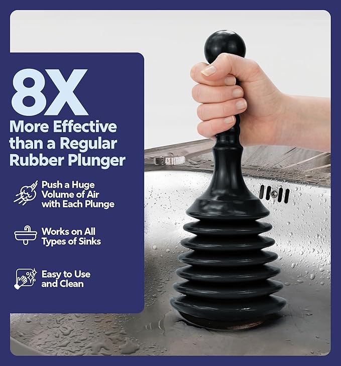 Luigi's Sink Plunger Kitchen - Sink Plunger Bathroom - Drain Bathtub or Shower - Small and Powerful Clog Remover - Commercial Style "Plumbers Plungers" with Large Bellows - Black - Small