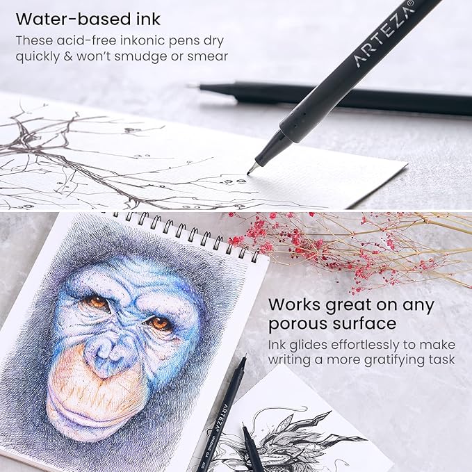 ARTEZA Inkonic Fineliners Pens, Set of 120, 0.4 mm Fine Tip Markers, Water-Based Art Pens for Drawing, Sketching, Journaling, Calligraphy