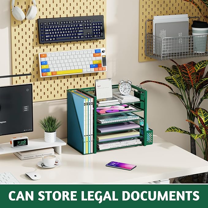 Simple Trending 6 Tier Desk File Organizer, Paper Letter Tray Organizer with File Holder and Pen Container, Green