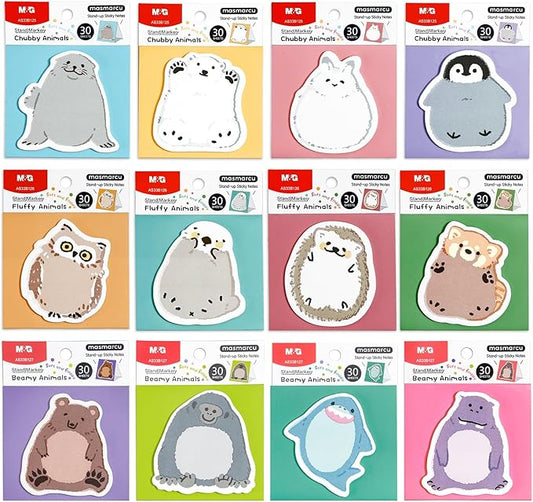 M&G 12 Pads Animal Sticky Notes Set, 360 Sheets Cute Cartoon Memo Pads with Foldable Stand, 30 Sheets/Pad, Chubby, Puffy & Beamy Animal Designs,3×2 Inch Self-Stick Notes for School, Office, Home