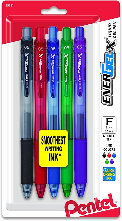 Pentel EnerGel-X Retractable Liquid Gel Pen, 0.5mm, Needle Tip, Assorted Ink, Pack of 5 (BLN105BP5M)
