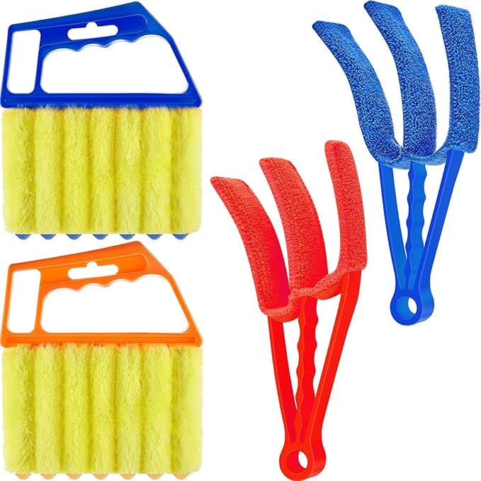 Romooa 4 Pcs Window Venetian Blind Cleaner Duster Tool 7 Finger Blind Rush and Shutter Cleaner Brush Hand-held Window Shutter Air Conditioner Duster for Dirt(Orange, Blue, Red)